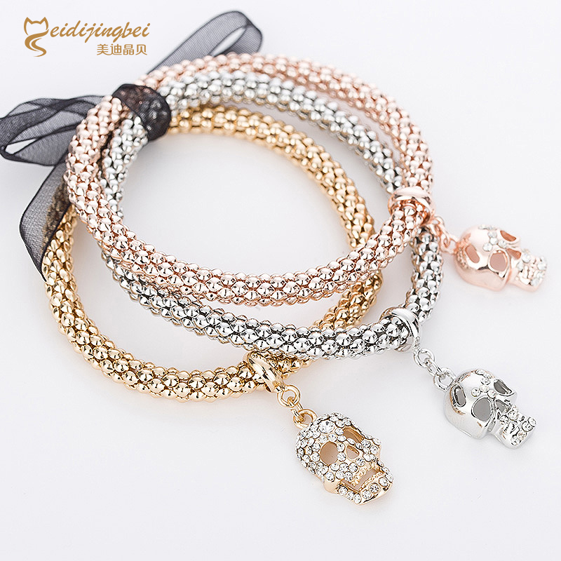 Fashion skull bracelet female rhinestone zinc alloy rose gold silver plated charm bracelets for women pulseira