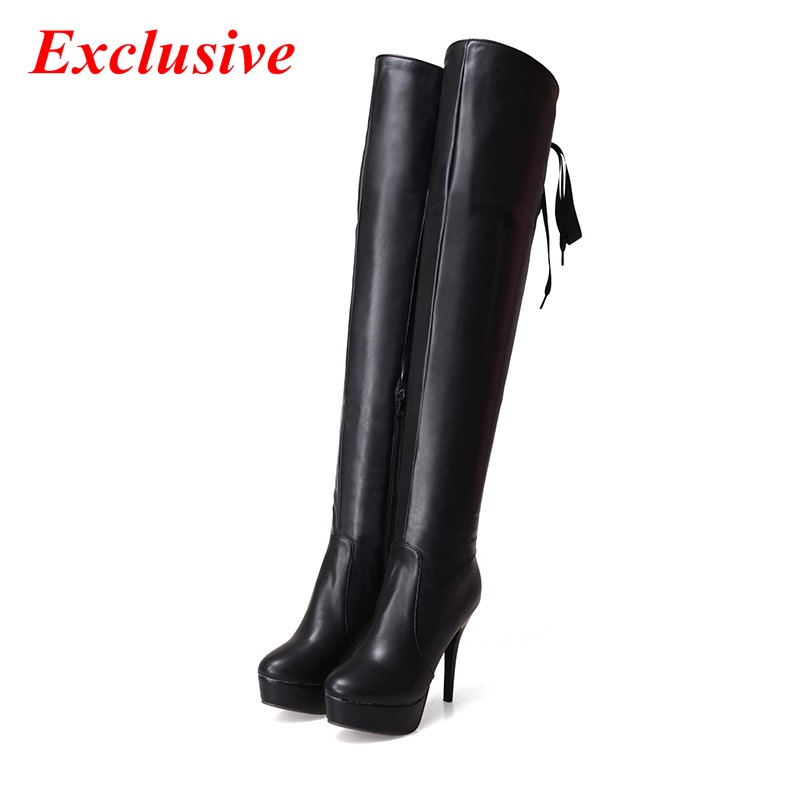 Woman Spike Heels Knee Boots 2015 Latest Round Toe Long Boots Winter Short Plush Black White Pink Fashion Spike Heels Knee Boots