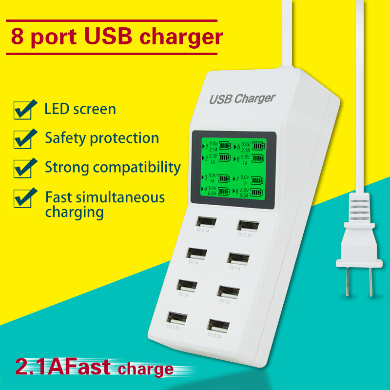 Universal 8 USB Port Display Screen US EU UK Plug Travel AC Power Adapter Socket Smart Wall Charger For Cell Phone Tablet Camera