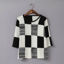 Plus Size Sale New 2016 Women Fashion Clothing Batwing-sleeved Three Quarter Sleeve Knitwear Chequered T Shirt T-shirt In Stock