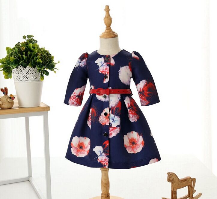 2015 Autumn New Children Clothes Girl Coat Flower Print Long Sleeve Girl Fashion Tench Coats With Belt 3-8Y 8536 ..