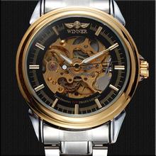 Caliente venta ganador moda hombres Causl del deporte del reloj del acero mecánico esquelético mismo viento automático reloj de hombre