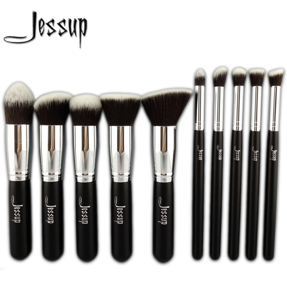 Jessup 10Pcs Professional Make up Brushes Set Foundation Blusher Kabuki Powder Eyeshadow Blending Eyebrow Brushes Black/Silver