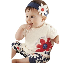 2016 Summer Cute Baby Clothes Sets Toddler Infant Girls Flower Headband T shirt Tops Floral Printed