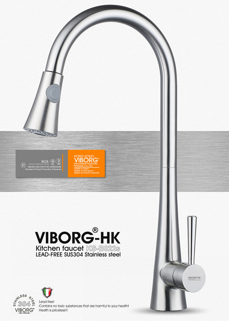 VIBORG Deluxe SUS304 Stainless Steel Pull out Spray Kitchen Faucet Mixer Tap Pullout Sprayer Kitchen Faucet satin nickel brushed