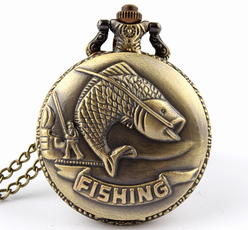 Bronze Fishing Angling Quartz Antique Pocket Watch for Men and Women P108