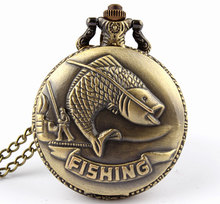 Free Shipping Bronze Fishing Angling Quartz Pocket Watch Necklace Pendant Unisex Gift P108