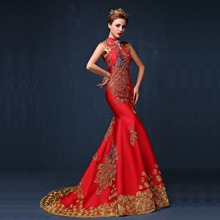 2016 Luxury Red Embroidered Chinese Evening Dress Long Cheongsam Bride Wedding Qipao Mermaid Host Dresses Oriental Qi Pao