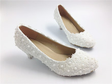 Women Fashion White Flowers Lace Platform High Heels Pearls Wedding Shoes