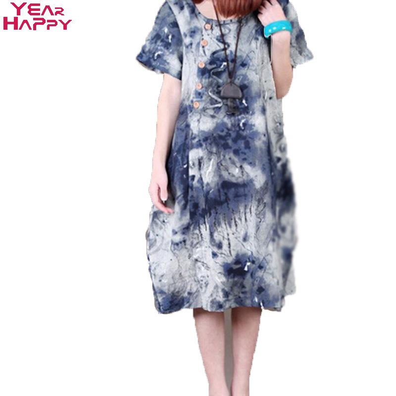 Women-Dress-2015-High-Quality-Loose-Style-Ink-Printed-Cotton-Big-Size-Short-Sleeves-Summer-Style