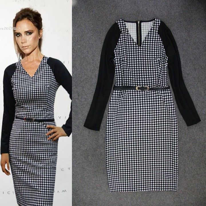 2015 Women Winter Elegant font b Tartan b font Tunic Long Sleeve Work Cocktail Sheath Pencil
