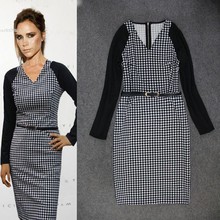 2015 Women Winter Elegant Tartan Tunic Long Sleeve Work Cocktail Sheath Pencil Bodycon Dress Party Dresses Office Wear 50