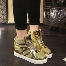 Fashion Women Casual Shoes New 2016 Spring High-Top Lacing Female Elevator Shoes Black Gold Silver Student Breathable Shoes 2.5A
