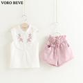 VORO BEVE Girls Sets 2017 Children Summer Clothing Sets Kids Clothes Embroidered Cotton V Neck Vest