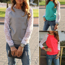 Free Shipping New 2015 Women Hoody Spring Autumn Fashion Lace Patchwork Hoodies Casual Sweatshirts
