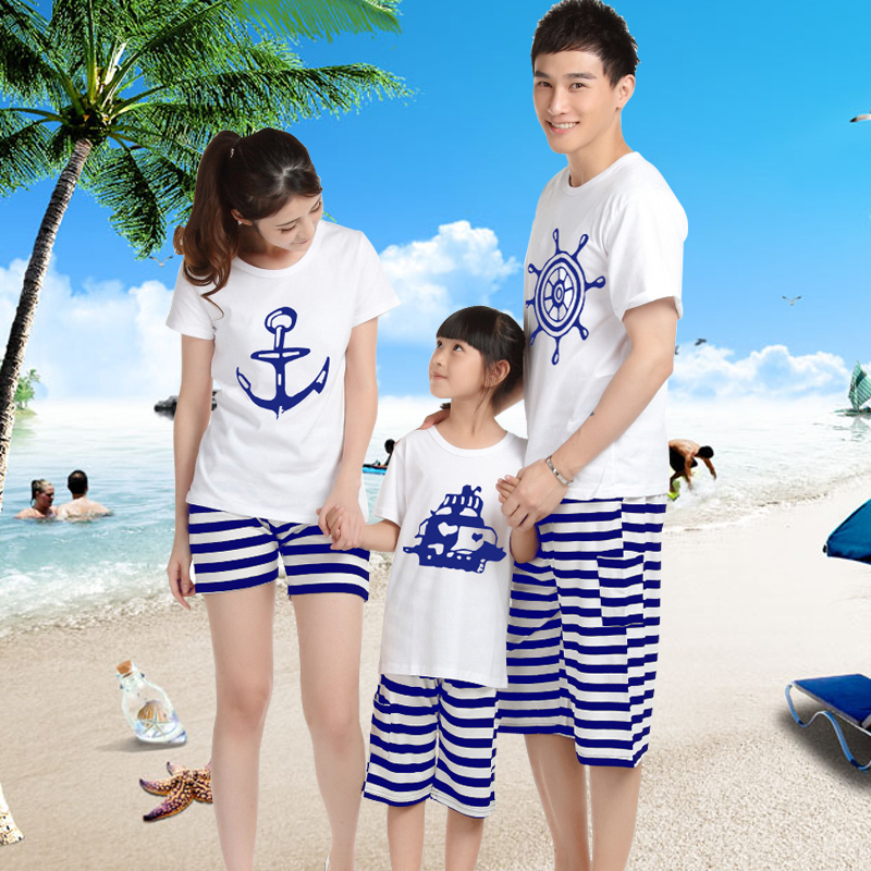 2015 summer new family fashion beach suit cotton navy stripe print t shirts+shorts clothing sets for mother daughter father son