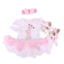 Baby Rompers 3PCs Infant Clothing Set Baby Girls White Pink 1st Birthday Tutu Dress Jumpersuit Headband Shoes