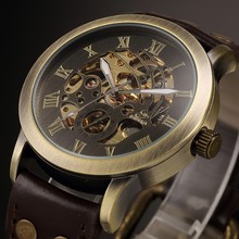 2016 mens watches SHENHUA Retro Vintage Skeleton Mechanical Watches Men Steampunk Leather Automatic self wind reloj hombre