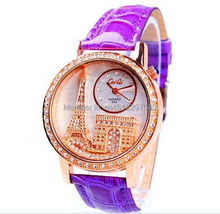 New fashion luxury brand Exquisite Women Watch Gogoey Emboss Eiffel Tower Rhinestone dress quartz leather strap