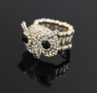 Silver Tone Clear Rhinestone Hooting Face of Owl Bird Fashion Ring Adjustable Stretchy Women Ring