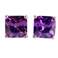 New Fashion Women Jewelry Pretty Princess Cut Purple Amethyst 925 Silver Stud Earrings Whlesale Free Shipping