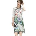 Korea 2016 Summer New Fashion Women Cotton Linen Dress Sexy Loose Leisure Printing Round Collar irregular
