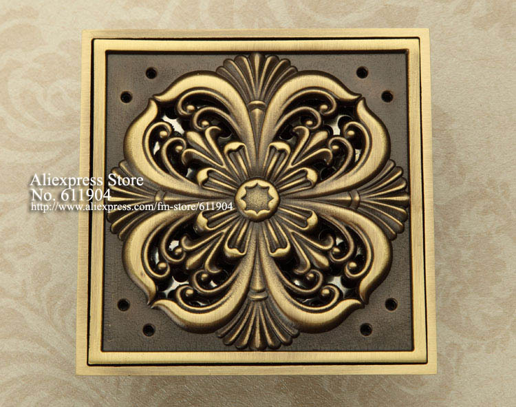 Flower Carved Brass Bathroom Square Shower Floor Drain Trap Waste Grate With Hair Strainer 3782138