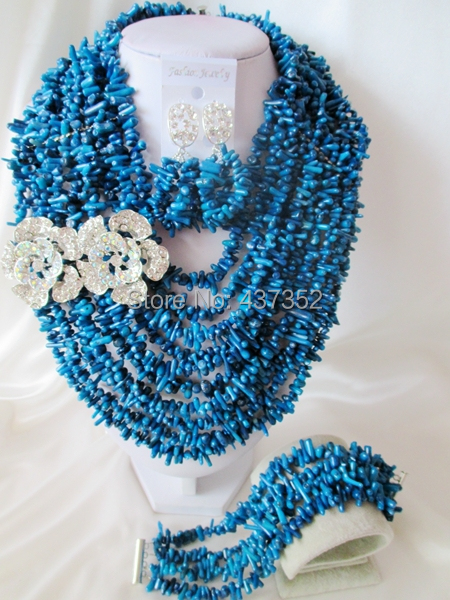 Fabulous Nigerian Wedding Coral Beads African Jewelry Set Navy blue Necklace Bracelet Earrings Set Free Shipping CWS-561