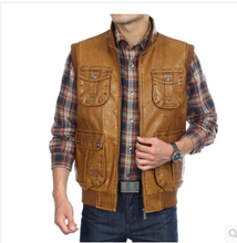 2016 middle-aged and old men’s dad grandpa zipper washed PU leather vest vest men leisure joker more pockets