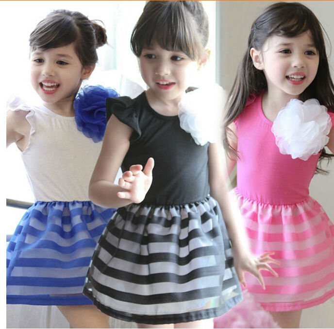 2015 New summer Sleeveless 3 Colors Flower Girl Dress  Kids Striped Girls Dress  Children Dresses with Flower White Black Pink