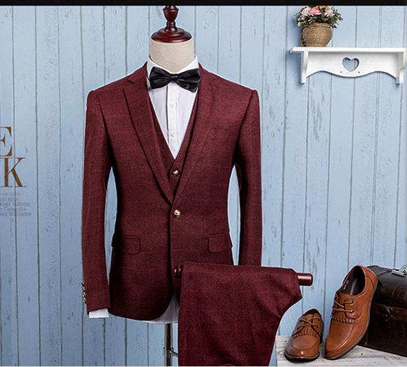 2016 winter wool suit men's suit Business casual dress Lattice three-piece suits
