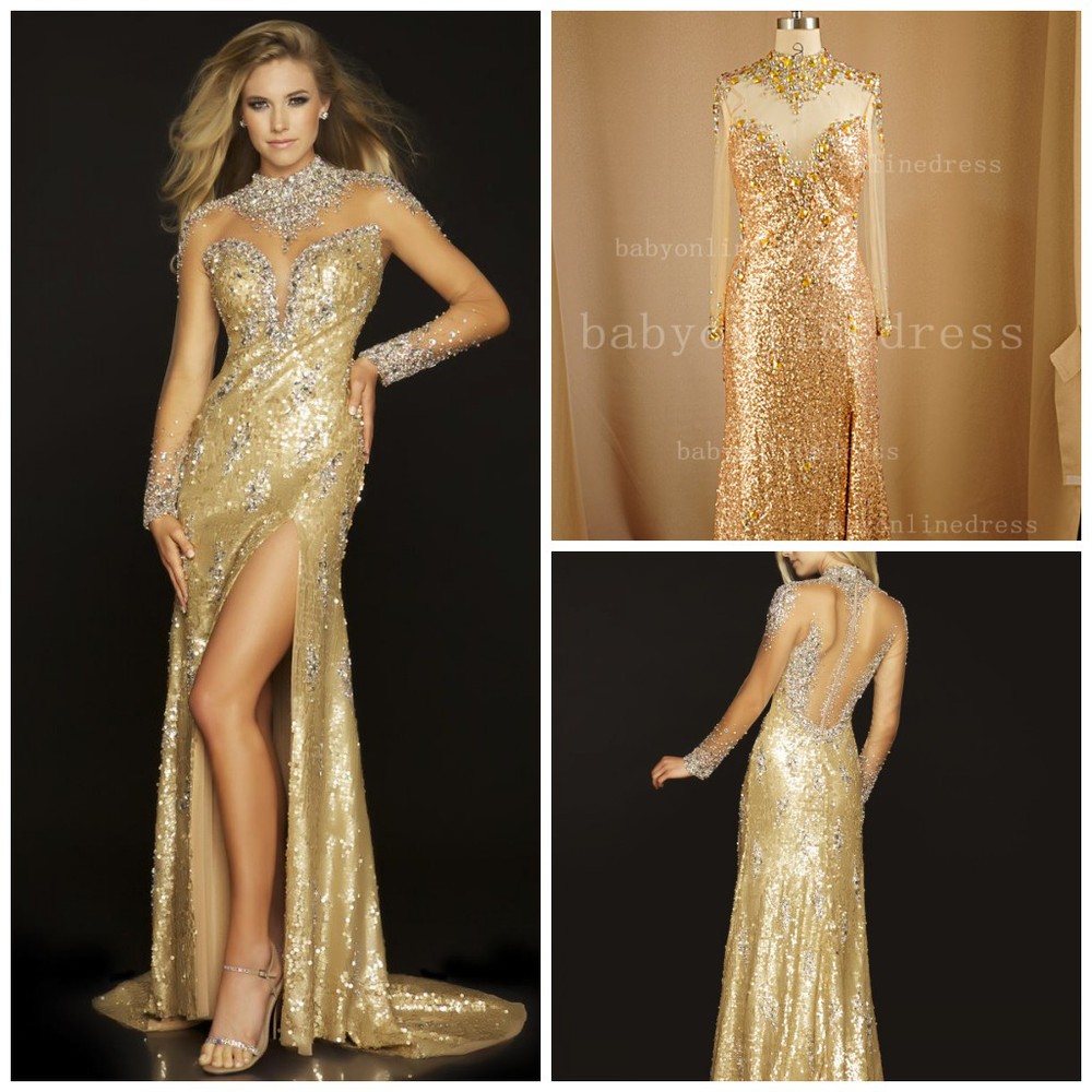 Long sleeve gold evening dresses