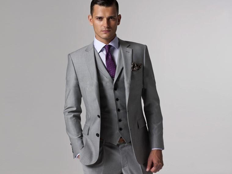 Custom Made Slim Fit Two Buttons Grey Groom Tuxedos Notch Lapel Best Man Groomsmen Men Wedding Suits Jacket+Pants+Tie+Vest