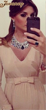 Elegant Long Plus Size Champagne V Neck Long Sleeve Bow Empire Court Train Chiffon Maternity Evening