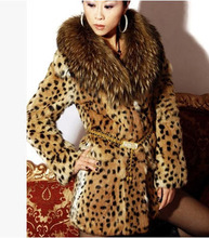 New Fashion Famous Brand Leopard Print Fur Coat Women Casual Raccoon Fur Collar Thick Cotton Long Jacket Plus Size Overcoat J05