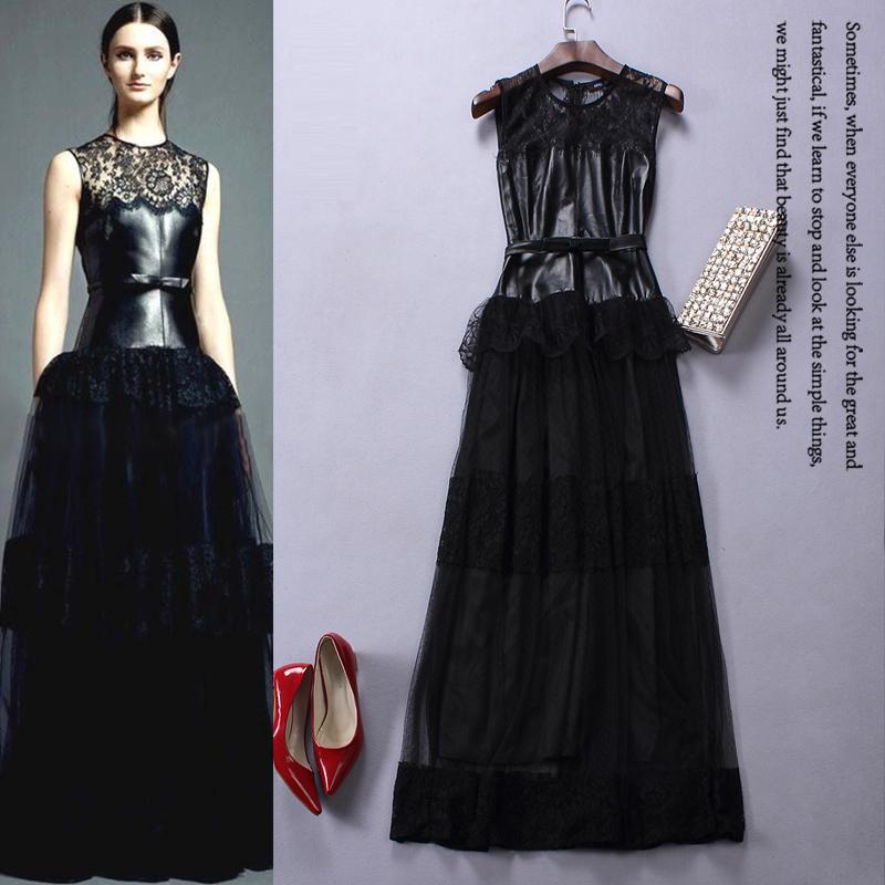 High Quality New Brand Fashion 2015 Spring Women Lace Sheepskin Leather Patchwork Long Dress Ankle Length Special Occasion Dress