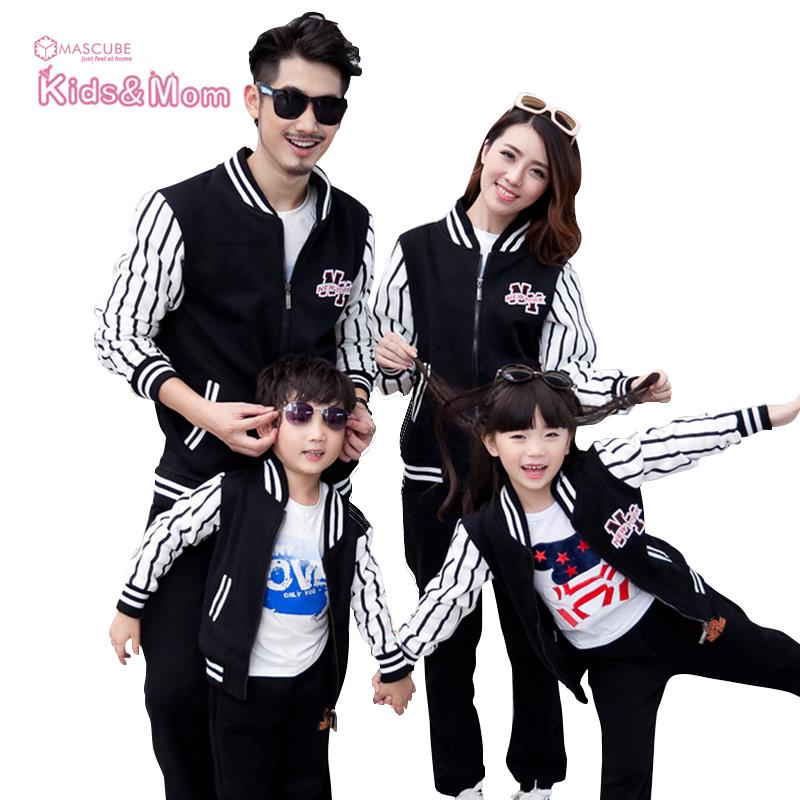 Casual Autumn Winter 2016 New Striped Baseball 2pcs Clothing Set Coat Pants Mother Father Baby font