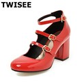 Sweet Round Toe Square heel Buckle Strap Rubber Beautifu chaussure femme women high heels shoes pu