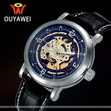 Oyw Classic Luxury brand negro mecánico automático esquelético Retro Wrap Relogio viento del uno mismo relojes de pulsera automático