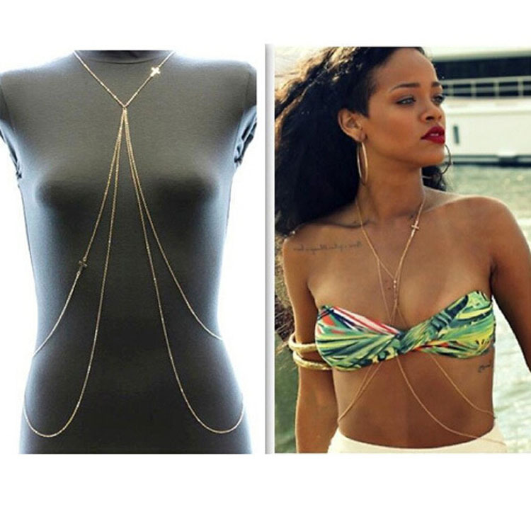 2015 Hot Rihanna Sexy Body Jewelry Women Gold Plated Cross Double Layer Bikini Body Chains Jewelry