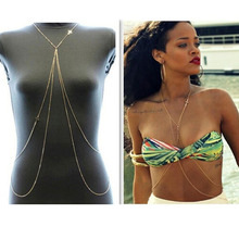 2015 Hot Rihanna Sexy Body Jewelry Women Gold Plated Cross Double Layer Bikini Body Chains Jewelry Necklace D18R15
