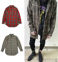 Streetwear punk tartan brand clothing men clothes korean extended green/red checkered plaid shirt dress new model shirts