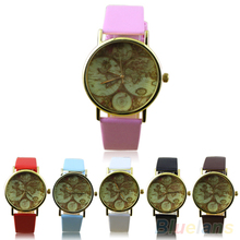 Mujeres Retro mapa del mundo reloj de cuero de imitación ronda de cuarzo analógico reloj de pulsera 0DT2