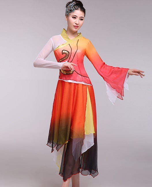 Orange Black Gradient Chiffon Yangge Dance Costume Classical Folk Dance Modern Dance Fan and Umbrella Dance Costume