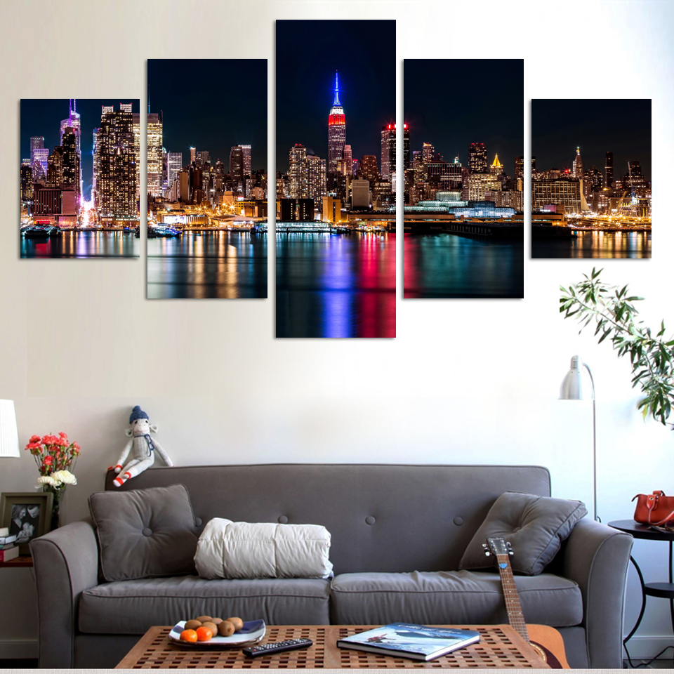 Fashion City Night and Bridge 5 Panels/Set Large HD Picture Canvas Print Painting Artwork Wall Decorative Oil painting Unframed