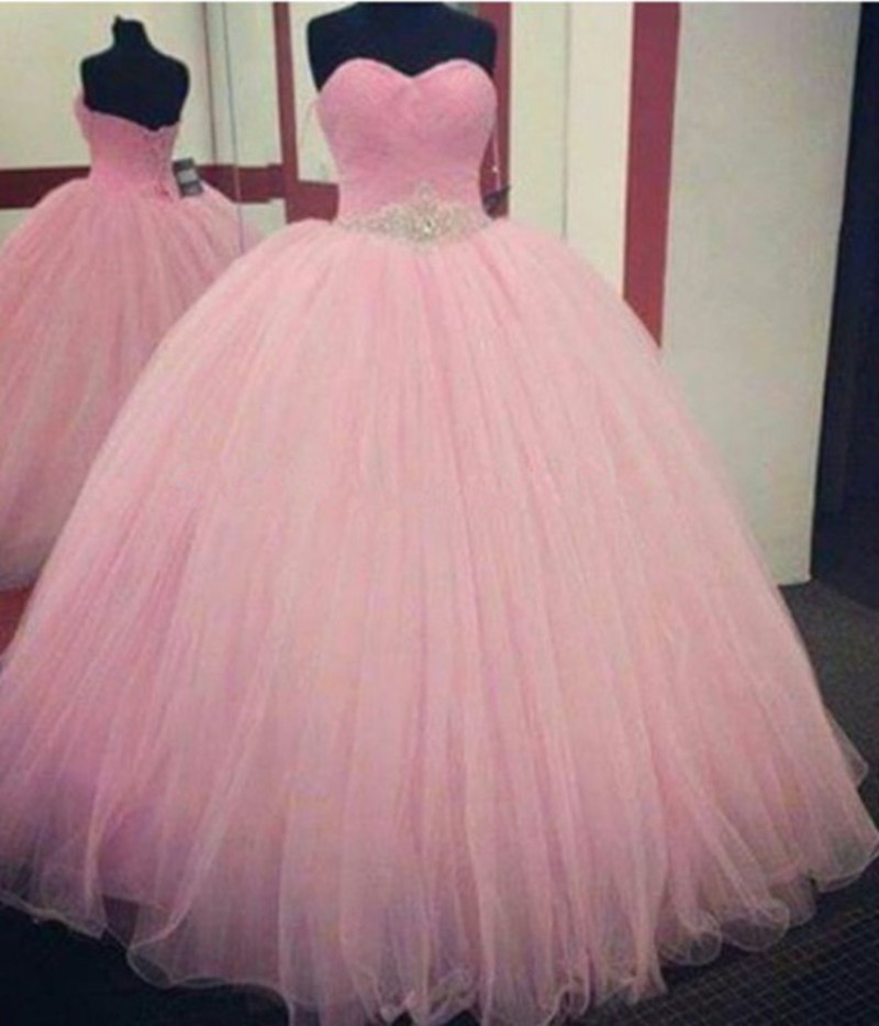 Elegant 2016 Pink Sweetheart Strapless Ball Gown Tulle Quincenera Dress With Beaded Waistline 