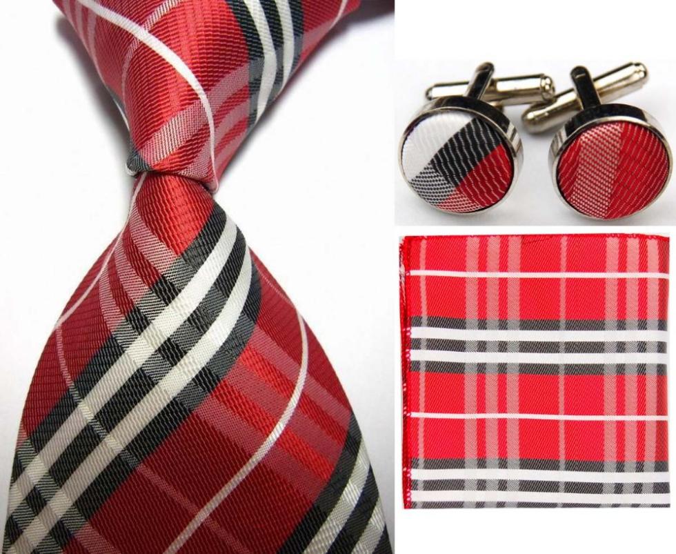 SNT0423 Red Black Stripes New Ties Solid Plain Hanky Handkerchief Cufflinks Men s Business Casual Party