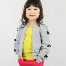 Free Shipping Girl Knit Cardigan Cotton Bow knot Baby Girl Blouses Kid Outwear O Neck Long