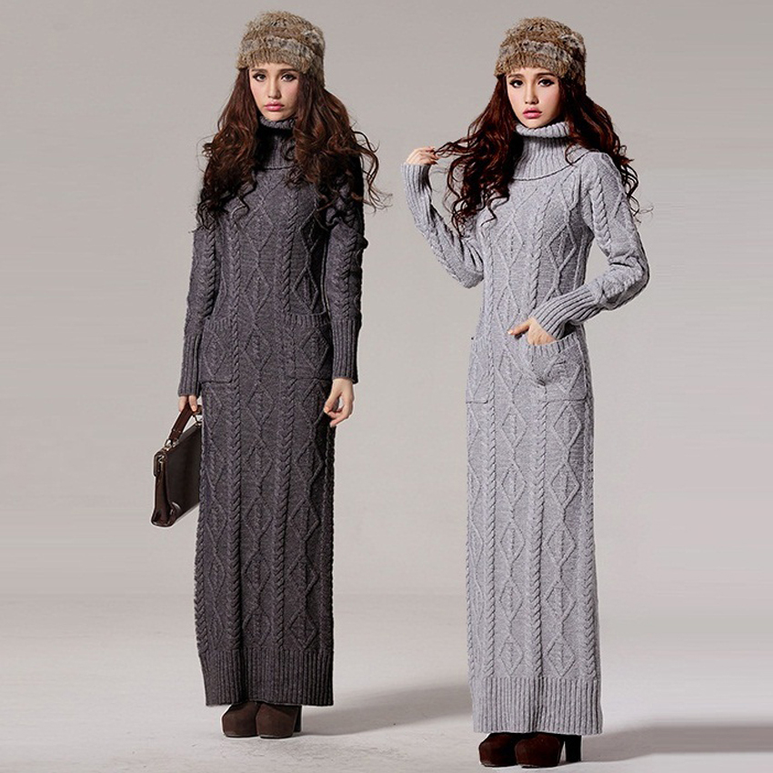 Free Shipping Fashion Long Sleeve Winter Sweater Maxi Dress Women Knitted Warm Turtleneck Vintage 50s Dresses Vestidos