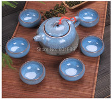 Sale!7 pcs/set Crackle Glaze Tea Set Multi Color Ceramic Tea pot 1 China teapot + 6 Tea Cups  kung fu Calvings glaze tea set